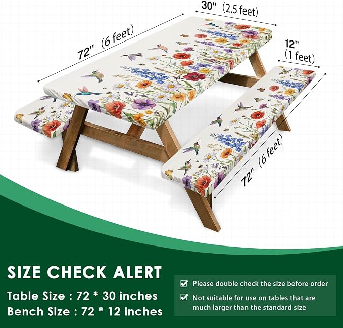 Picnic Table Cover with Bench Covers Elastic Edges, Floral Camper Fitted Table Cover, Outdoor Camping Essentials 72 Inch 3PCS, Waterproof Camping Fitted Tablecloth with Drawstring Bag