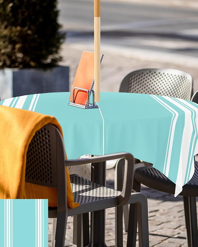 QueenKer Outdoor Tablecloth with Umbrella Hole, Farmhouse Teal White Stripe Square Tables Waterproof Tabletop Collection for Patio, Garden, Picnic, Camping, Dining 60 x 60 inch