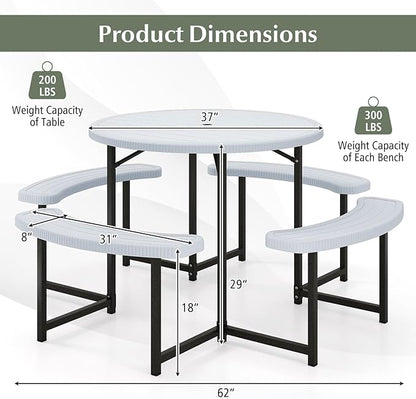 Giantex Picnic Table Bench Set for 4-8 Person, Round 37” Outdoor Dining Table w/Umbrella Hole, HDPE Tabletop, Metal Frame, Patio Furniture Set for Backyard Porch Lawn, 1400lb Capacity (Gray,Round)