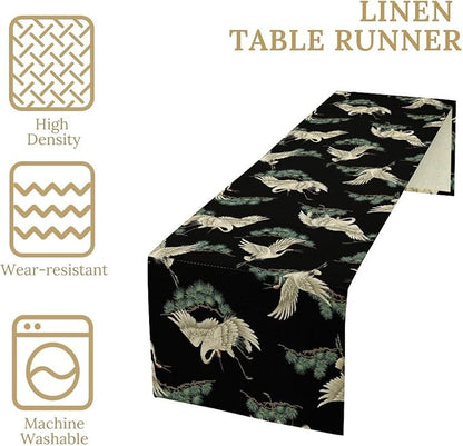 Japanese Crane Table Runner Oriental Vintage Asian Chinese Traditional Bird Trees Plant Dinner Runner Table Decoration for Home Kitchen Dining Holiday Party 13x70in