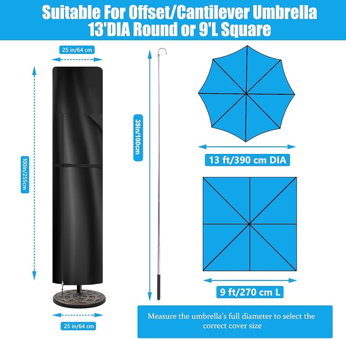 Patio Umbrella Cover 9-13ft Cantilever 900D Waterproof | 900D Oxford, Zipper, Top Vent, Hem Drawstring,Windproof, Easy Setup with Pole, fits Offset & Large Market Umbrellas