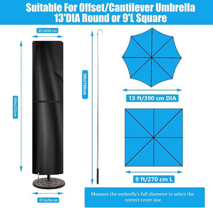 Patio Umbrella Cover 9-13ft Cantilever 900D Waterproof | 900D Oxford, Zipper, Top Vent, Hem Drawstring,Windproof, Easy Setup with Pole, fits Offset & Large Market Umbrellas