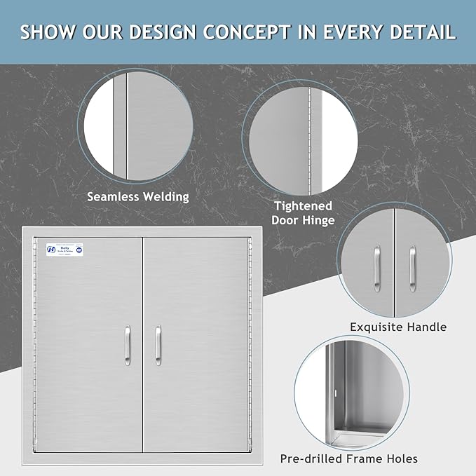 Hally BBQ Access Door 24" W x 24" H of 304 Stainless Steel Double Doors with 2 Detachable Handles and 4 Hooks, Outdoor Kitchen Doors for BBQ Island, Grilling Station, Outdoor Cabinet