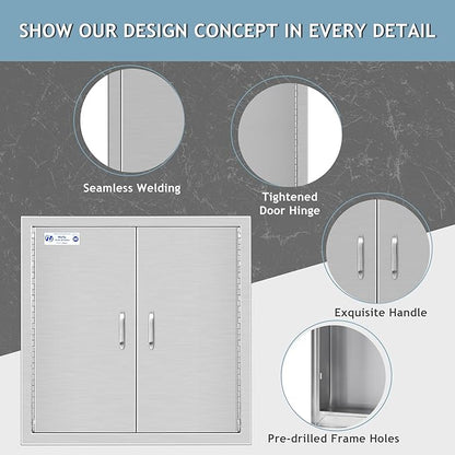 Hally BBQ Access Door 24" W x 24" H of 304 Stainless Steel Double Doors with 2 Detachable Handles and 4 Hooks, Outdoor Kitchen Doors for BBQ Island, Grilling Station, Outdoor Cabinet