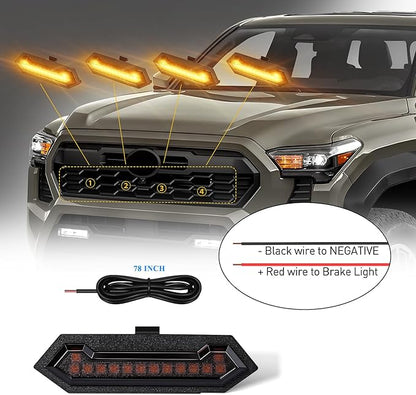 LED Grill Lights - 4PCS Front Grill Lights for Toyota Tacoma TRD Sport TRD Off-Road TRD Pre Runner 2024 2025 2026 with Fuse Adapter & Harness (Amber Light with Black Shell)