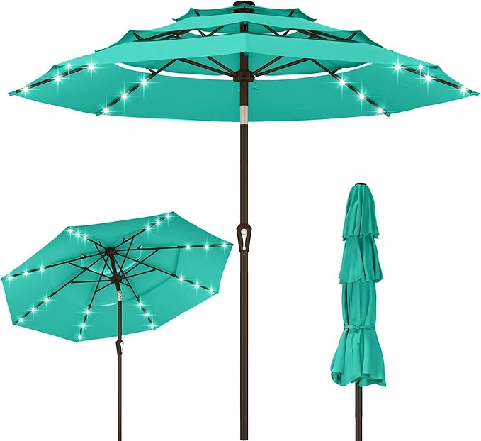 Kingdura 10ft 3-Tier Patio Umbrella with Solar Lights, Table Umbrella Outdoor Patio with Easy Crank & Tilt, 8 Sturdy Ribs, UV Protection, 32 LED Lights for Deck, Poolside, Market (Tiffany blue)