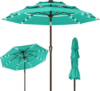 Kingdura 9ft 3-Tier Patio Umbrella with Solar Lights, Table Umbrella Outdoor Patio with Easy Crank & Tilt, 8 Sturdy Ribs, UV Protection, 32 LED Lights for Deck, Poolside, Market (Tiffany blue)