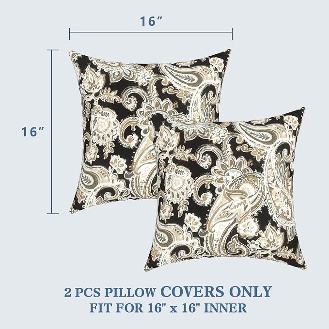 LVTXIII 2 Pack Outdoor Throw Pillow Covers for Patio Furniture, 16x16 Inch Square Pillow Case, Water-Repellent Cushion Covers for Garden, Porch, Sofa, Paisley Black