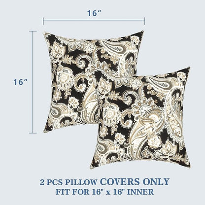 LVTXIII 2 Pack Outdoor Throw Pillow Covers for Patio Furniture, 16x16 Inch Square Pillow Case, Water-Repellent Cushion Covers for Garden, Porch, Sofa, Paisley Black