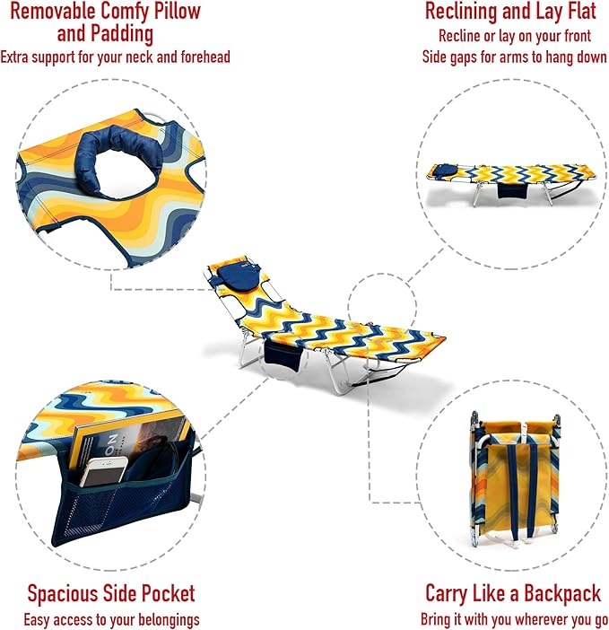 SUNNYFEEL Lay Flat Tanning Chair with Face Down Hole & Arm Slots, Backpack Beach Lounge Chair, 5-Position Folding Sunbathing Chair, 300 LBS Heavy Duty, 72" L x 22" W for Beach, Pool, Camping