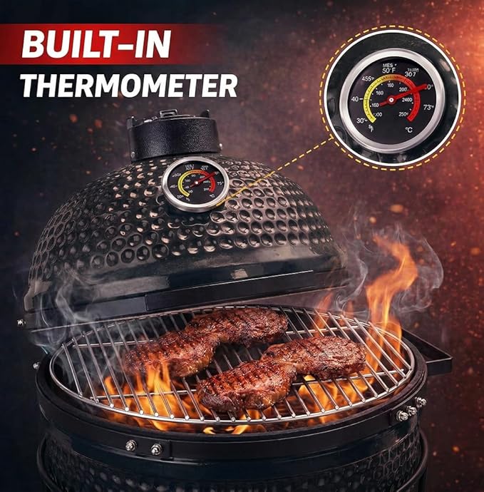 13-in W Kamado Grill with Built-in Thermometer, Oval Grill with Cast Iron Grates, Bamboo handle, Portable Ceramic Grills with Low Stand for Backyard, Patio, Deck grilling, Black