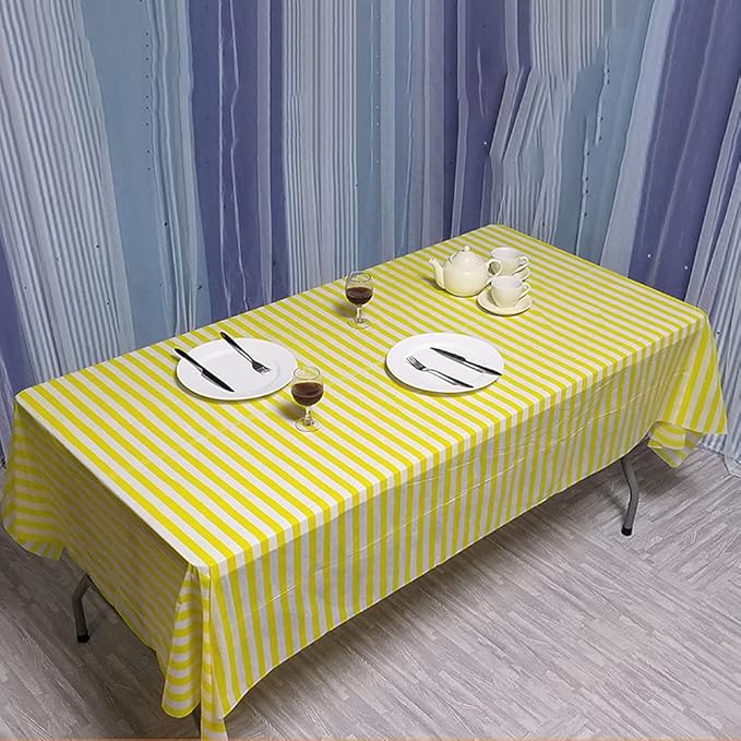Vpang 2 Pcs Striped Plastic Print Tablecloths Disposable Table Cover Thickened Rectangle Tablecover, Kitchen Picnic Wedding Birthday Party Table Covers, 54"x108" (Yellow Stripe)