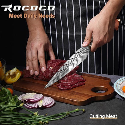 ROCOCO Feather Viking Knife Japanese Forged in Fire Boning Knife Fancy Kitchen Cleaver with Sheath Outdoor Camping BBQ Collection Birthday Thanksgiving Christmas Father Mother Gift 7"