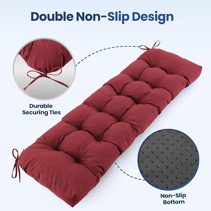 IASEAHK Outdoor Bench Cushion 59x18x5 Inch, Waterproof & Fade-Resistant Patio Furniture Cushions, Tufted Memory Foam Indoor/Outdoor Cushions for Couch Swing with Non-Slip Backing & Straps, Burgundy