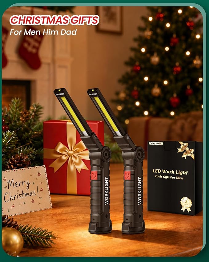 Coquimbo 2 Pack Rechargeable Work Light, Christmas Tool Gifts for Men Dad | Mens Stocking Stuffers for Adults Husband, LED Flashlight, BBQ Light Grill Accessories with Magnetic Base and Hook (Black)