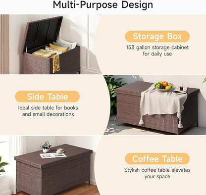 ONBRILL 158 Gallon XL Deck Box with Lid, All Weather Wicker Outdoor Storage Box Waterproof, Large Outdoor Patio Storage Bin for Cushions, Garden Tools, Gears, Brown