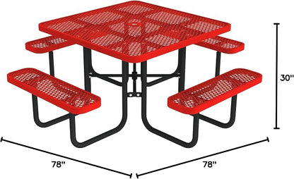 Norwood Commercial Furniture Open Air Series 46" Round Picnic Table with Benches and Umbrella Hole, Commercial-Grade Steel Portable Outdoor Picnic Table, Red