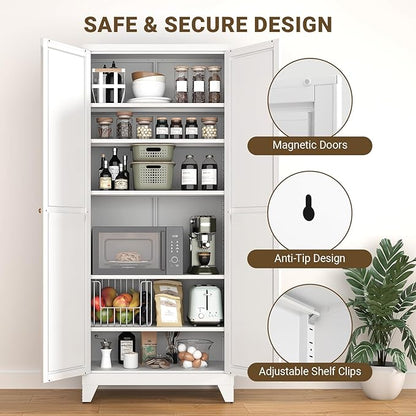 75" Tall Metal Kitchen Pantry Cabinet, Freestanding Steel Storage Cabinet with Doors, 5 Adjustable Shelves, for Dining Room, White