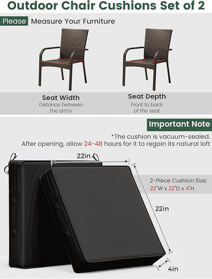 Outdoor Chair Cushion 22 x 22 x 4 Inches Patio Furniture Outdoor Waterproof Seat Cushion, Patio Chair Cushion with Handles and Ties, Square Dining Chair Cushion Set of 2, Black