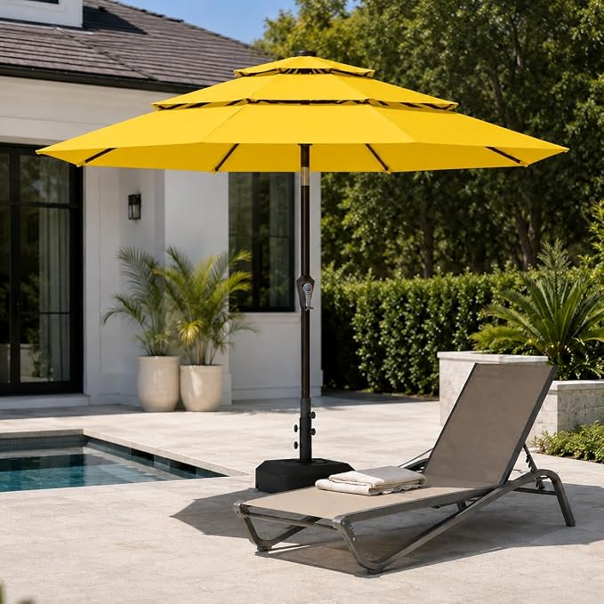 10ft Patio Umbrella, 3-Tier Vented Outdoor Table Umbrella with 8 Sturdy Fiberglass Ribs, Windproof Market Umbrella with Push Button Tilt and Crank, UV Protection for Deck, Pool, Sunshine Yellow