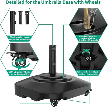 QZER Umbrella Base with Wheels, Umbrella Stand Heavy Duty 100lb Windproof | Fillable Umbrella Base Mobile Square Umbrella Stand Outdoor Base for Patio, Deck, Poolside, Lawn, Fits Most Sized Umbrellas