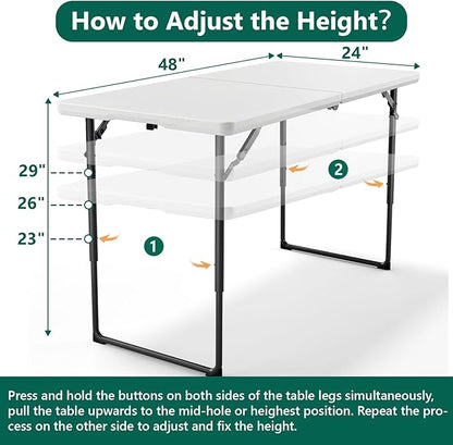 4ft Folding Table with Adjustable Height, Heavy Duty Fold-in-Half Plastic Table with Steel Legs, Portable for Indoor, Outdoor, Picnic, Camping, Dining, Party, White