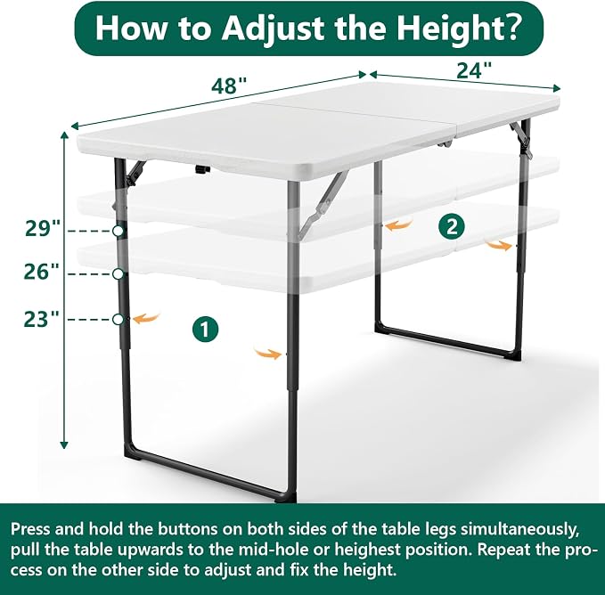 2 Pack Folding Table, 4FT Foldable Picnic Table with Adjustable Height, Heavy Duty Fold-in-Half Portable Table for Weddings, Camping, RV Travel, Parties, BBQs, and Indoor Use, Easy to Fold and Store