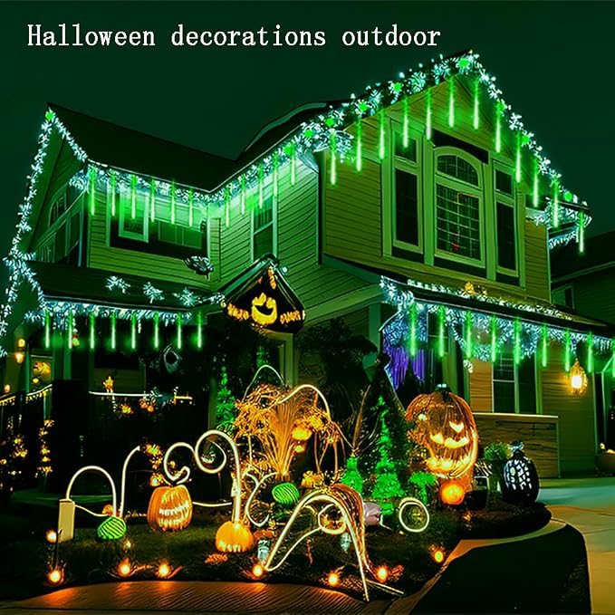 Green Meteor Shower Lights for Halloween Christmas Alien Decoration Outdoor | 16 Tubes, Equivalent to 2 Sets of 8-Tube, Green Icicle Lights for Halloween Xmas St. Patrick's Day Alien Decor, UL Plug
