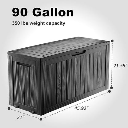 ROJIK 90 Gallon Deck Box Outdoor, Waterproof Outdoor Storage Boxes with Lids, Outside Resin Lockable Storage Box for Patio Cushions, Garden Tools(Black)