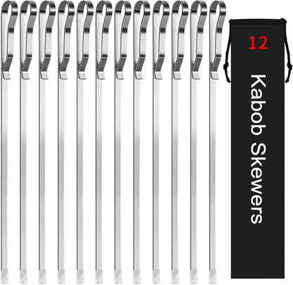 Kabob Skewers 17" Stainless Steel Long BBQ Barbecue Skewers | Flat Metal Kebob Sticks Wide Reusable Grilling Skewers for Meat Chicken,Set of 12 with Storage Bag