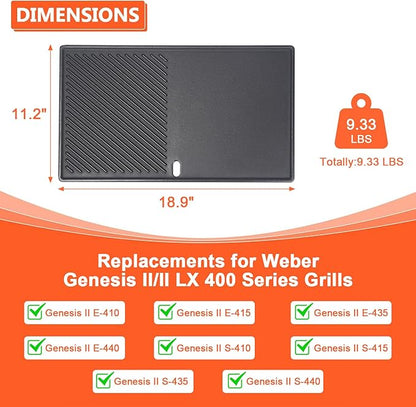 QuliMetal Reversible Griddle Replacement Parts for Weber Genesis II/II LX 400 Series, E410, E415, E435, LX E-440 - 1 Pack