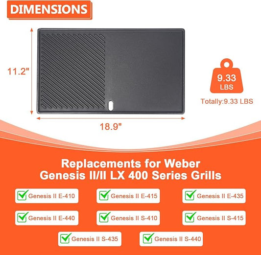 QuliMetal Reversible Griddle Replacement Parts for Weber Genesis II/II LX 400 Series, E410, E415, E435, LX E-440 - 1 Pack