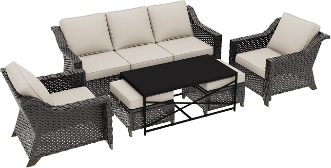 6 Pieces Outdoor Conversation Furniture Set - 77" Patio Sofa, 2 Armchairs, 2 Ottomans, 1 Metal Table, Patio Wicker Couch Set with Washable Cushions for Swimming Pool (Beige) | Patio Chair Set with Olefin Removable Cushion, All-Weather Outdoor Couch wit...