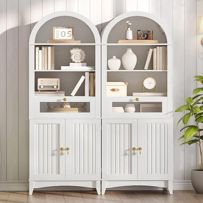 RALGEND 66" Tall Bathroom Cabinet Set of 2, Freestanding Cabinet with Doors & Shelves,Arched Cabinets for Bathroom, Living Room, Kitchen, Laundry, White