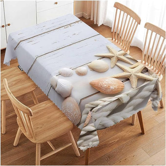 Swono Sea Shells Table Cloth Rustic Wood Seashell Starfish Marine Rope Rectangle Tablecloth Picnic Table Cover BBQ Table Cloth Polyester for Kitchen Home 50x72 Inch