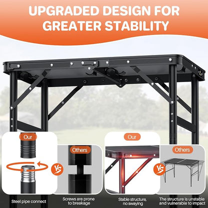 FUNYKICH 2ft Aluminum Folding Camping Table, 3 Height Adjustable Max 29.4" | 23.6''x15.7'' Tabletop, Ultralight Portable Design with Carry Handle for Car Travel, Camping, Backyard, Beach & Picnic, Balck