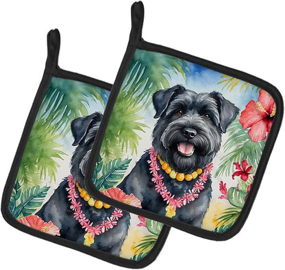 Caroline's Treasures Bouvier des Flandres Luau Pair of Pot Holders Kitchen Heat Resistant Pot Holders Sets Oven Hot Pads for Cooking Baking BBQ, 7 1/2 x 7 1/2