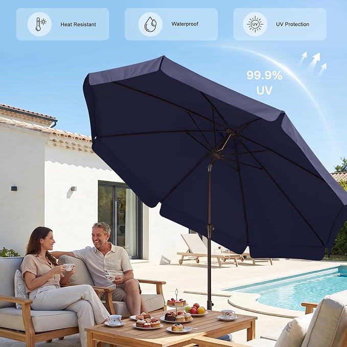 ABCCANOPY 10ft Scalloped Patio Umbrella, Outdoor Table Umbrella with Tilt and Crank, Fiberglass Ribs Deck Umbrella for Patio, Pool, Garden, Picnic (Tibetan Blue)