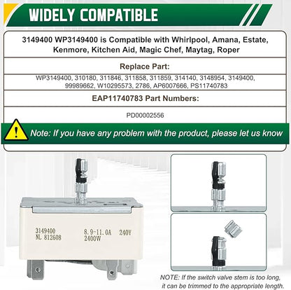 WP3149400 3149400 3148954 3148953 Range Burner Infinite Control Switch (8 Inch), Replace for WP3149404, 3148954, 314140, W10295573, 99989662, 311858, 311859, 310180, 311846, 3149400 Fits for Whirlpool