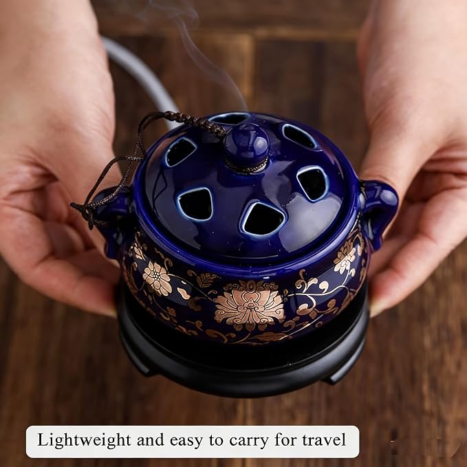Electric Resin Burner with Timer, Ceramic Electric Incense Burner, Burner Censer 110V for Home Porch, Patio, Garden, Office, Yoga, Living Room, Meditation Room （Blue）