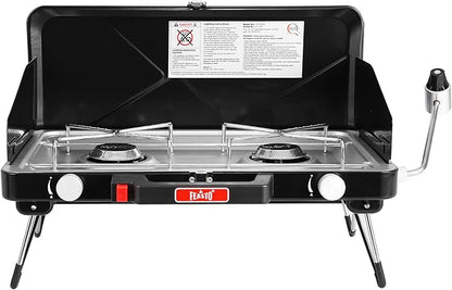Feasto 2 Burner Propane Camping Stove with Folding Legs, Outdoor Portable Camp Stove with Push-Button Ignition & Wind Guards for Camping, Tailgating, BBQ, & More, Black