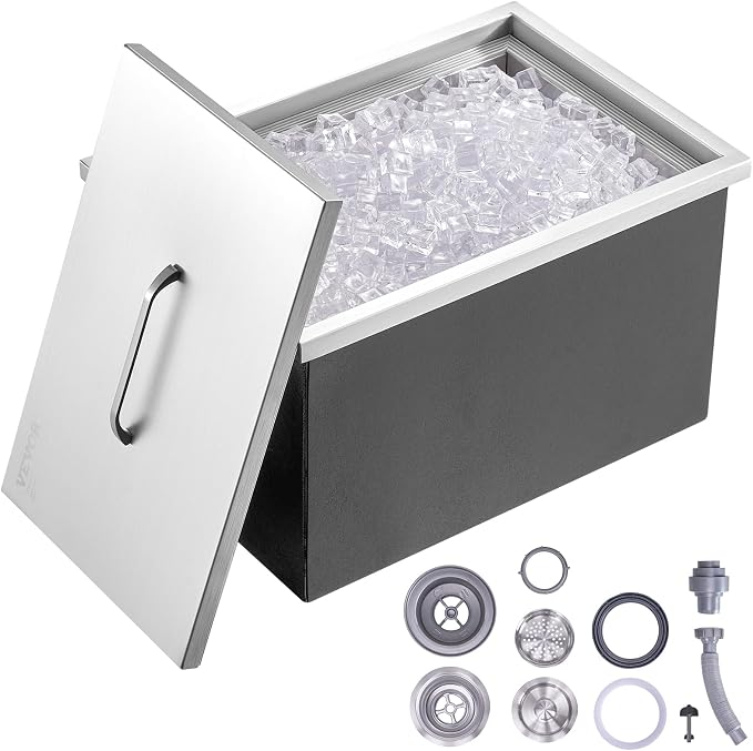 VEVOR Drop in Ice Chest, 22" L x 17" W x 12" H Stainless Steel Ice Cooler, Commercial Ice Bin with Cover, 46 qt Outdoor Kitchen Ice Bar, Drain-Pipe and Drain Plug Included, for Cold Wine Beer