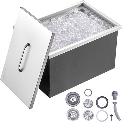 VEVOR Drop in Ice Chest, 22" L x 17" W x 12" H Stainless Steel Ice Cooler, Commercial Ice Bin with Cover, 46 qt Outdoor Kitchen Ice Bar, Drain-Pipe and Drain Plug Included, for Cold Wine Beer