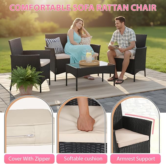 FDW Rattan Furniture Wicker Chair Patio Bristo Set for Outdoor Indoor Use with Loveseats Coffee Table,Khaki Cushion, 4-Pieces