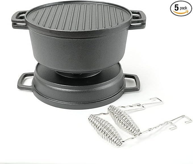 HAWOK 5 piece Stove Set, Pre-Seasoned Cast Iron Charcoal Grill Stove with 4QT Dutch Oven, with Multipurpose Lid, Five-Leg Buffet Tray, Multipurpose BBQ Stove Set