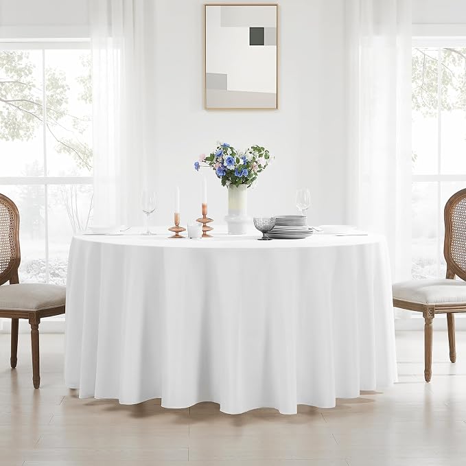 2 Pack White Round Tablecloths 108 Inch for Dining Tables | Washable Decorative Linen Polyester Table Cover for Banquets Buffets Parties and Weddings