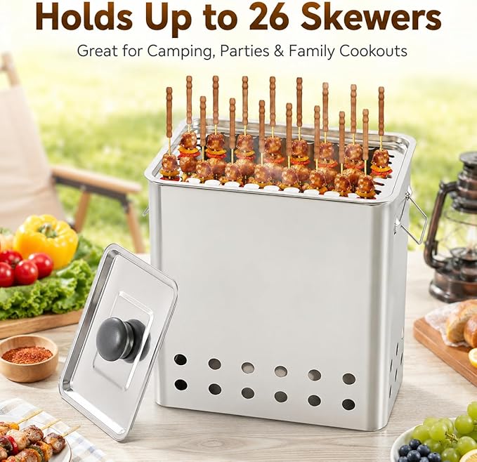 Smokeless Barbecue Charcoal Barrel Grill, Stainless Steel Surround Charcoal BBQ Grill Barrel for 26 Skewers, 360° Smokeless Charcoal Hanging Grill for Beaches Travel Camping Grill Picnic Patio