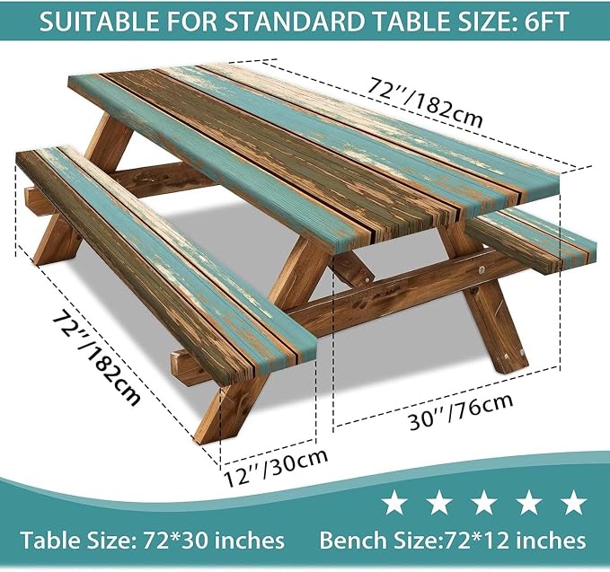 Picnic Table Cover with Bench Covers, Camping Essentials, Farmhouse Wood Green Waterproof Windproof Table Cover, Fitted Tablecloth Cover with Elastic Edge, for Indoor & Outdoor, 3 PCS, 30x72 Inch
