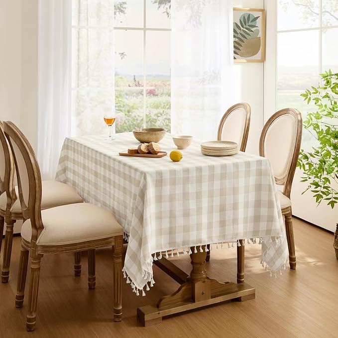 Softalker Checkered Tablecloth Rectangle, Outdoor Linen Cotton Gingham Table Cloth with Tassel, Heavy Duty Wrinkle Free Buffalo Plaid Table Cover for Kitchen Dining Summer Party - 55 x 84 Inch, Beige