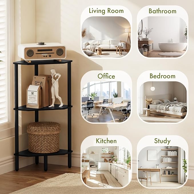 Black Corner Shelf, 3 Tier Bamboo Corner Bookshelf, Display Shelf, Corner Bathroom Shower Caddy, Toilet Paper Stand, Indoor Plant Stand Balcony, Storage Organizer Cabinet for Kitchen, Living Room